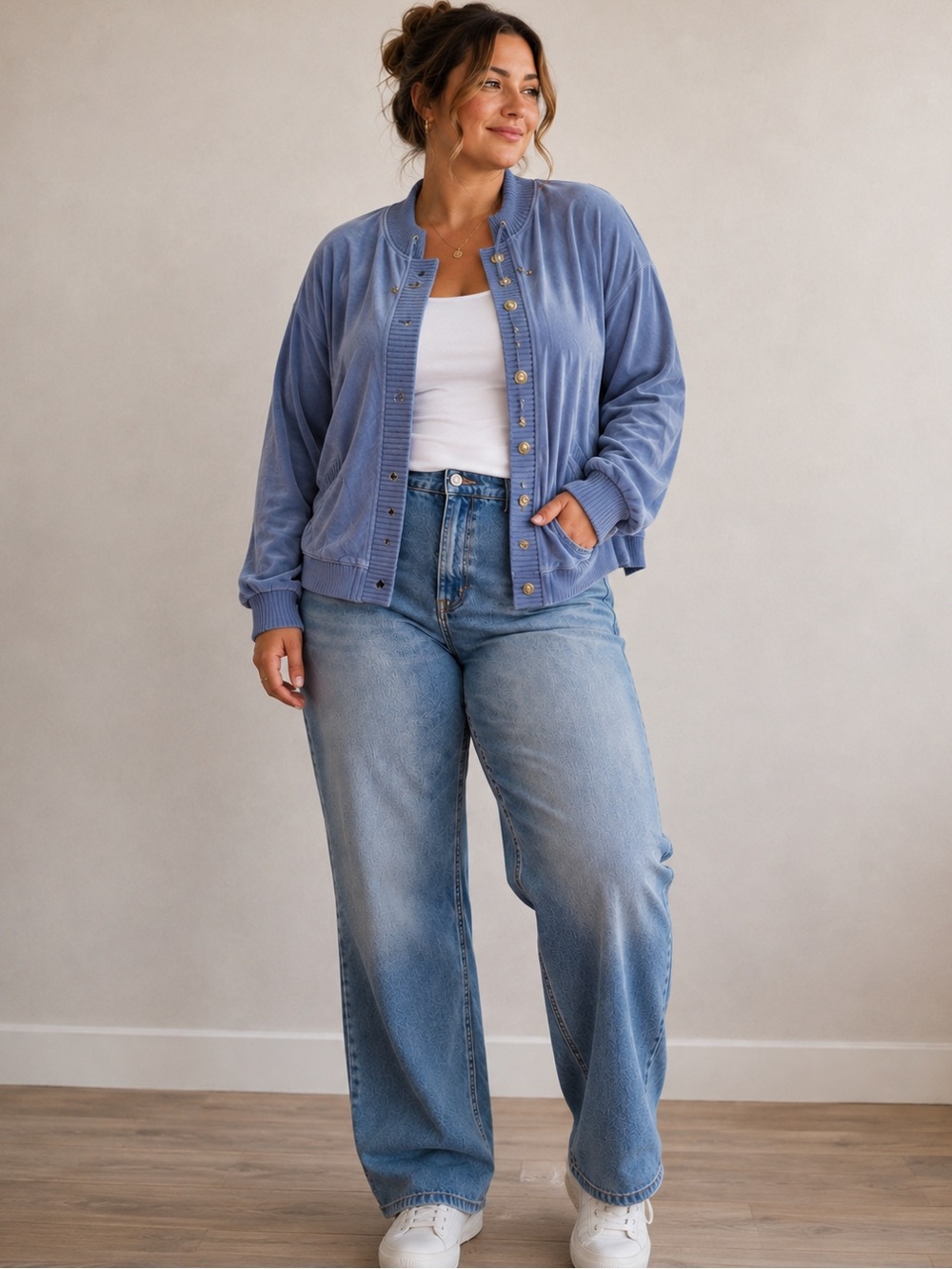 Woman’s Velour Light Blue  Cardigan Track Style Jacket  Size PXL With Buttons
